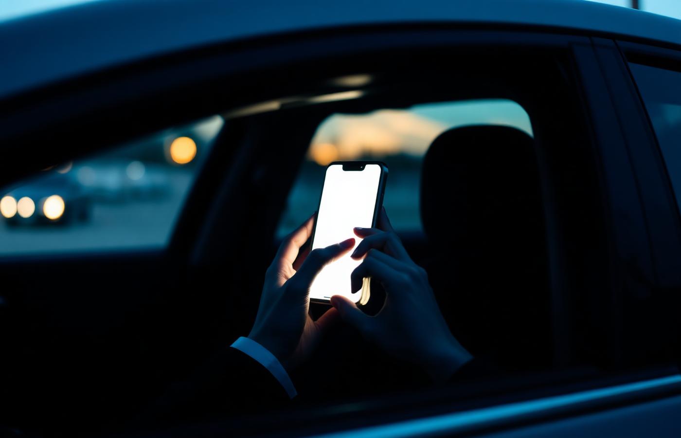 A driver reading a text message on a phone in a parked car at dusk